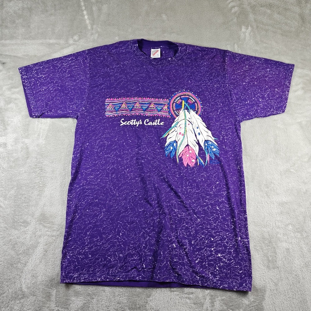 Vintage Scottys Castle Shirt Mens Large Purple Feather Southwest Tribal 80s USA